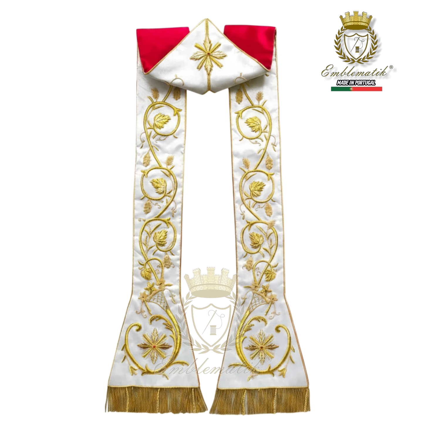 Emblematik by Pasamanerias y Bordados white liturgical stole with gold embroidery and red accents. Features vine and leaf motifs.
