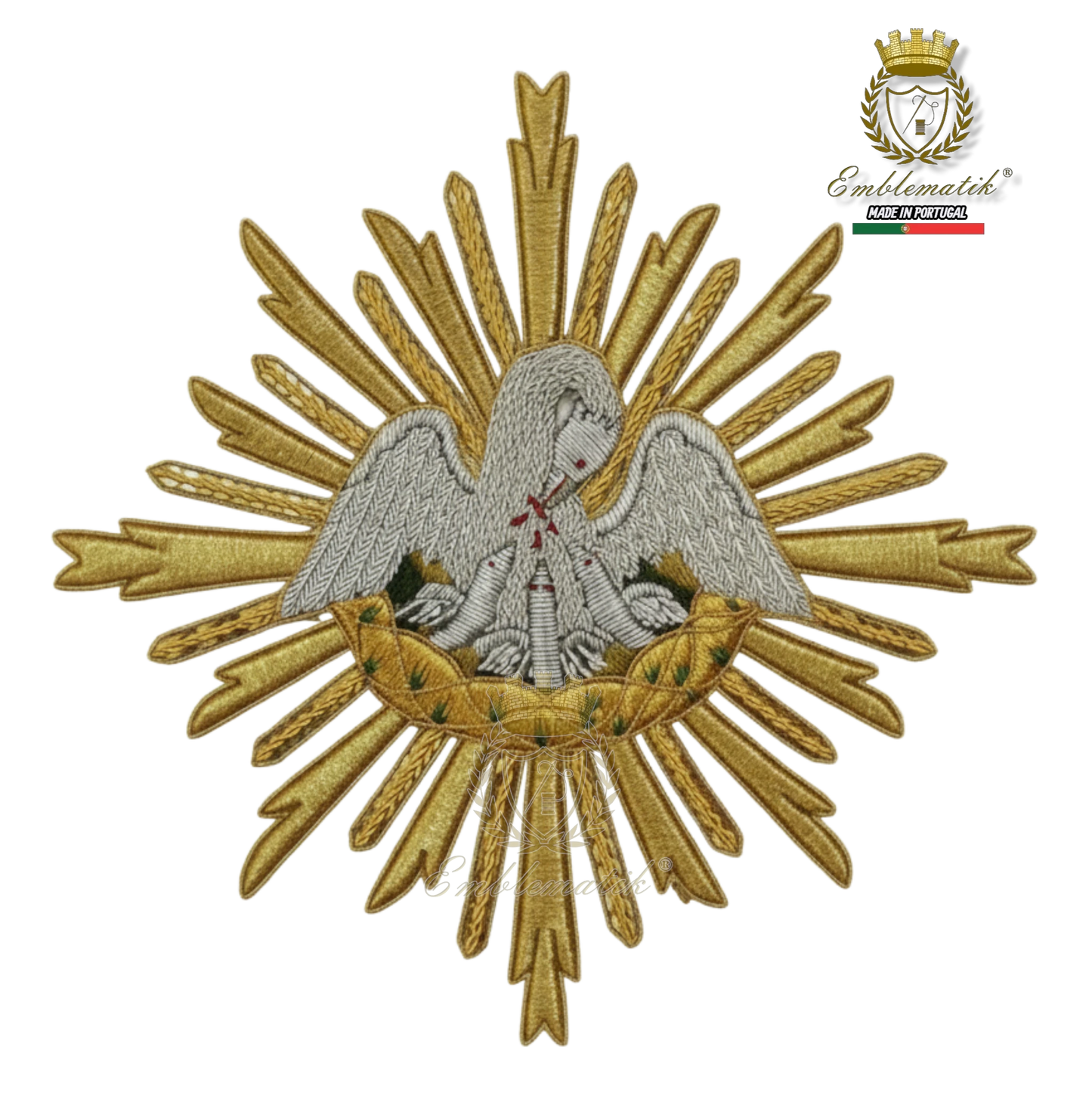 Emblematik by Pasamanerias y Bordados gold and silver metallic pelican emblem with intricate details, hand-made for liturgical vestments.