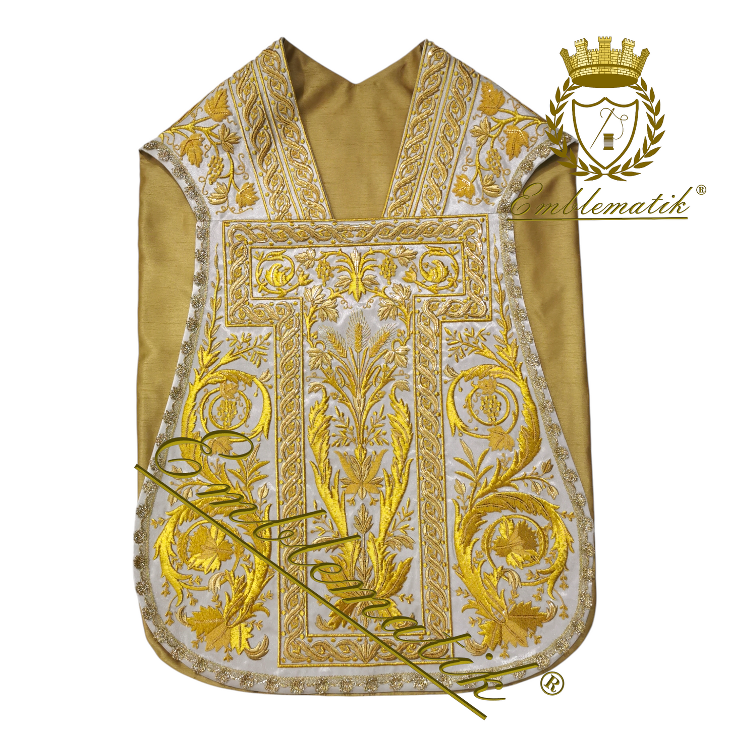 Richly Hand-Embroidered Roman Chasuble in Metallic Threads on Gold Lame with Raw Silk Lining