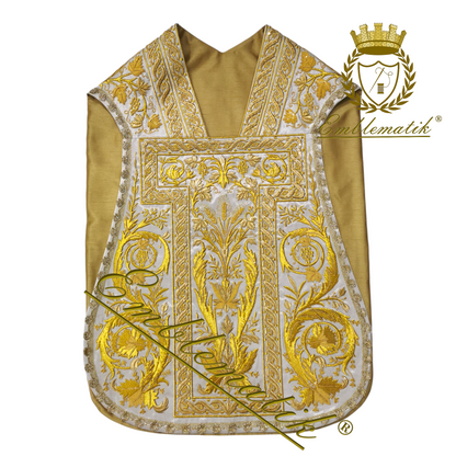 Richly Hand-Embroidered Roman Chasuble in Metallic Threads on Gold Lame with Raw Silk Lining