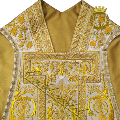 Richly Hand-Embroidered Roman Chasuble in Metallic Threads on Gold Lame with Raw Silk Lining