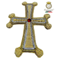 Emblematik by Pasamanerias y Bordados handmade embroidered bullion cross with red gemstone center.