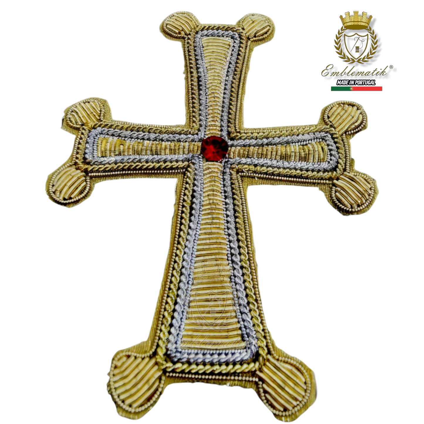 Emblematik by Pasamanerias y Bordados handmade embroidered bullion cross with red gemstone center.