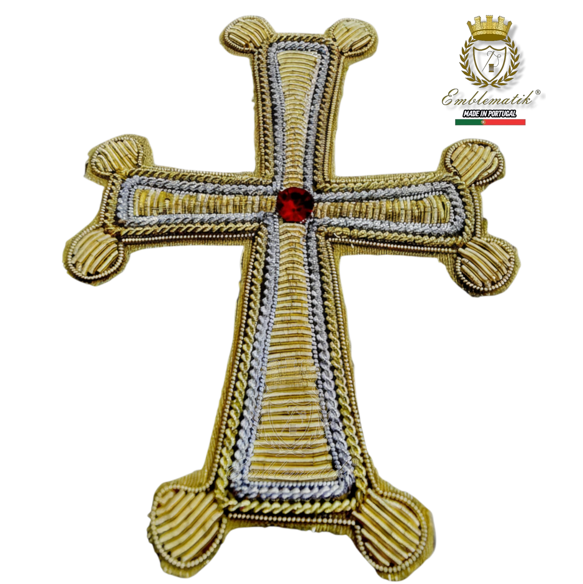 Emblematik by Pasamanerias y Bordados handmade embroidered bullion cross with red gemstone center.
