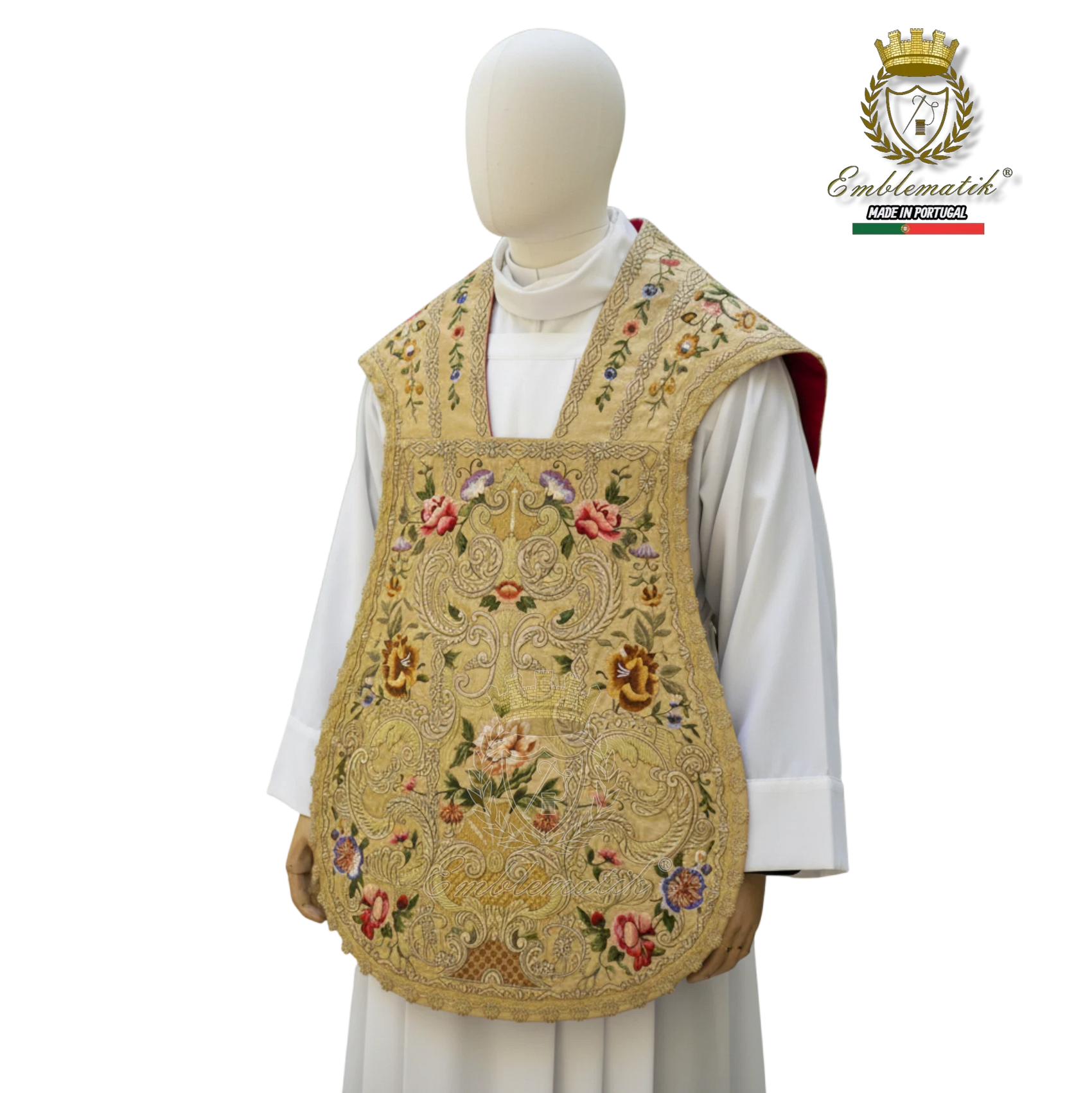 Emblematik by Pasamanerias y Bordados gold chasuble with intricate floral embroidery in silk and metallic threads.