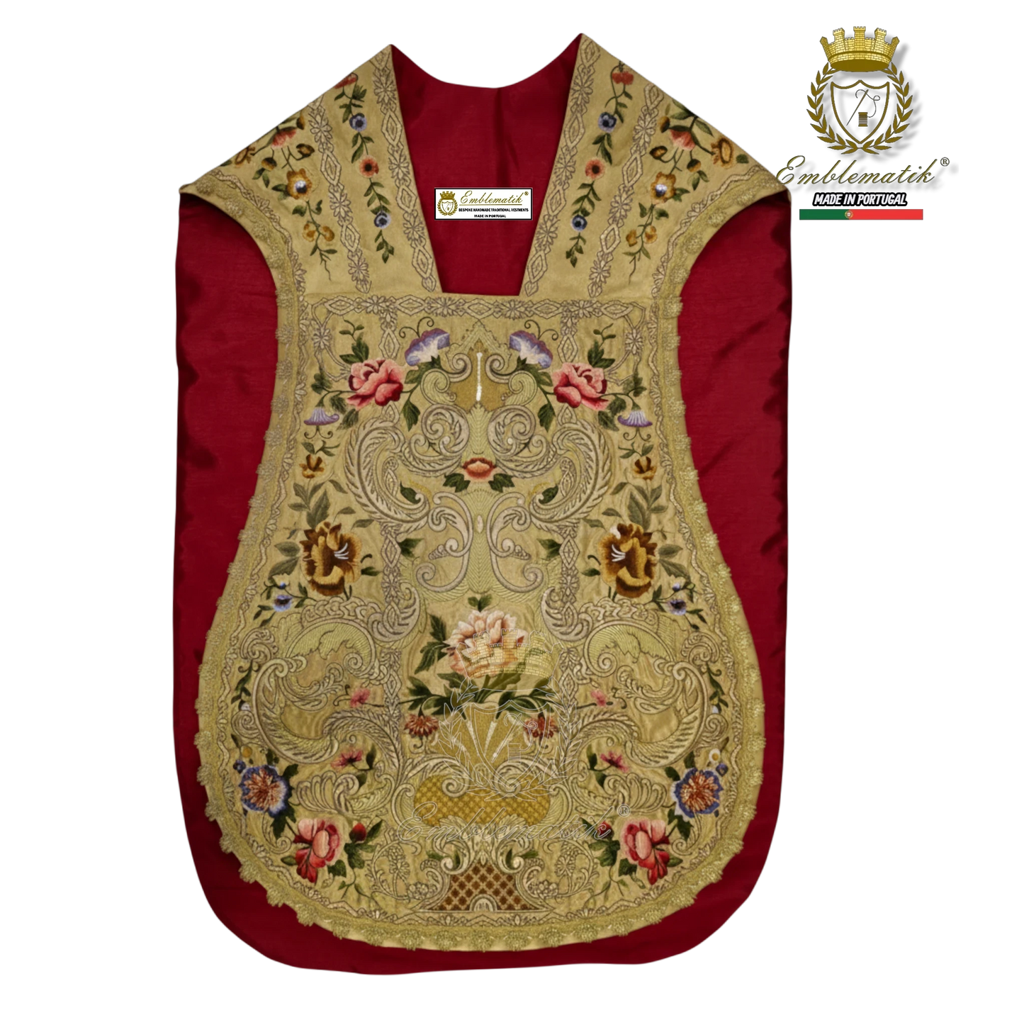 Emblematik by Pasamanerias y Bordados gold chasuble with floral embroidery in silk and metallic threads.