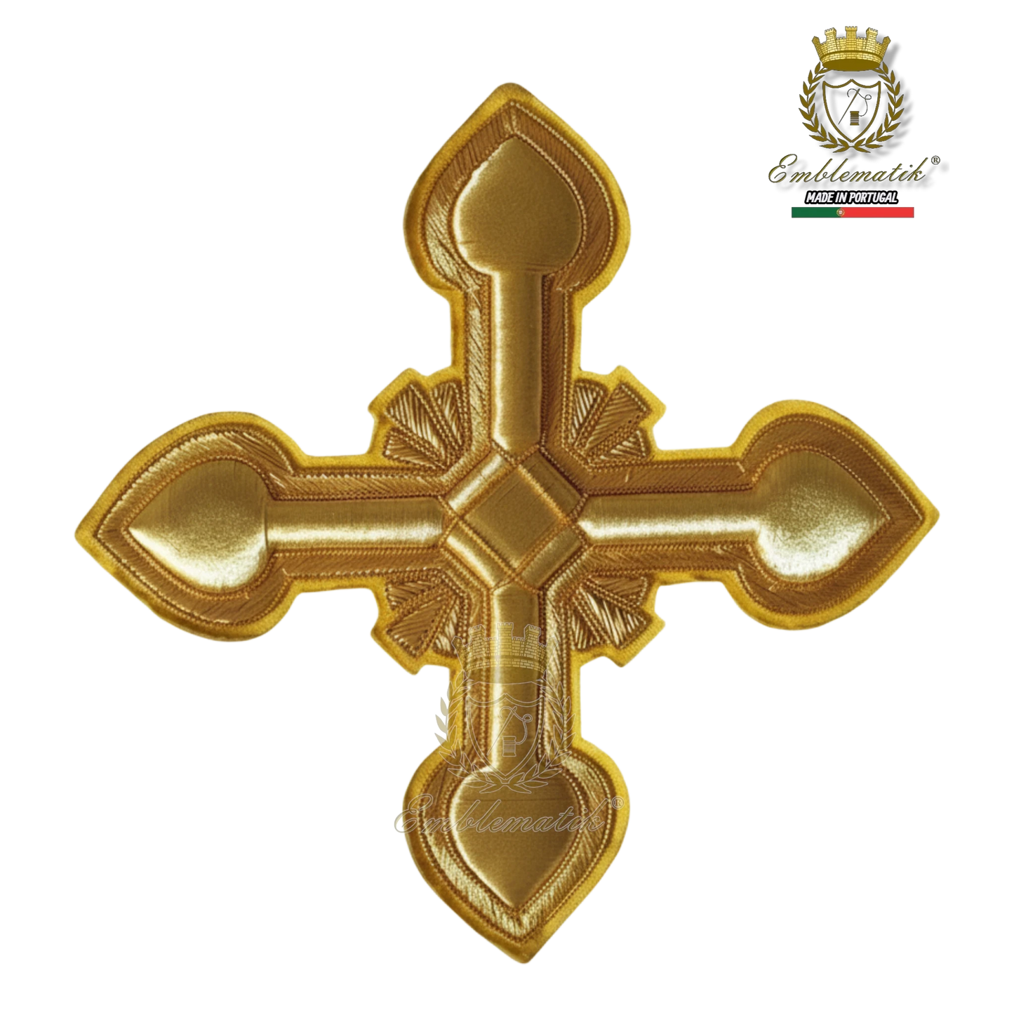 Emblematik by Pasamanerias y Bordados gold metallic cross patch with intricate embroidery for liturgical vestments.