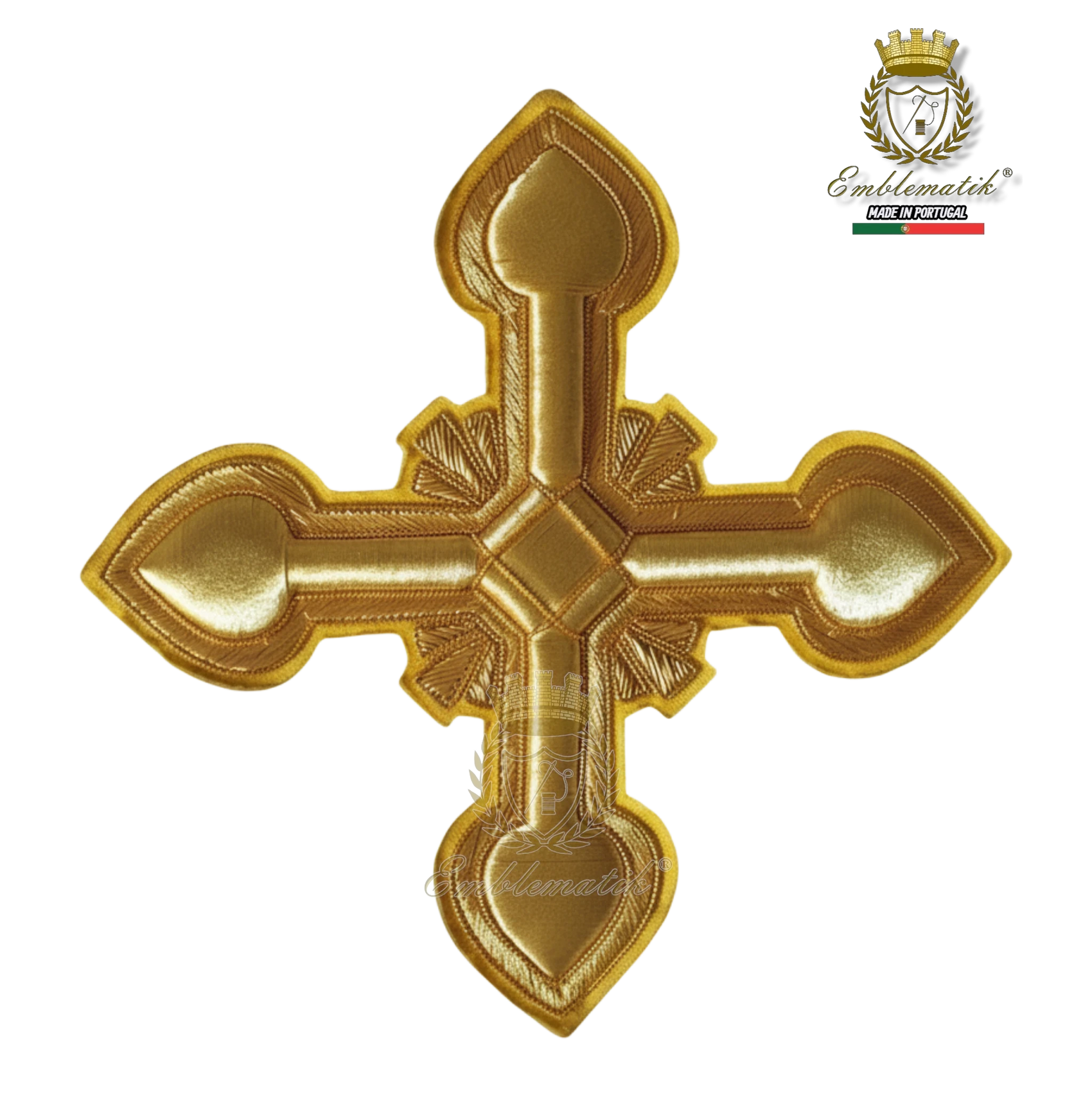 Emblematik by Pasamanerias y Bordados gold metallic cross patch with intricate embroidery for liturgical vestments.