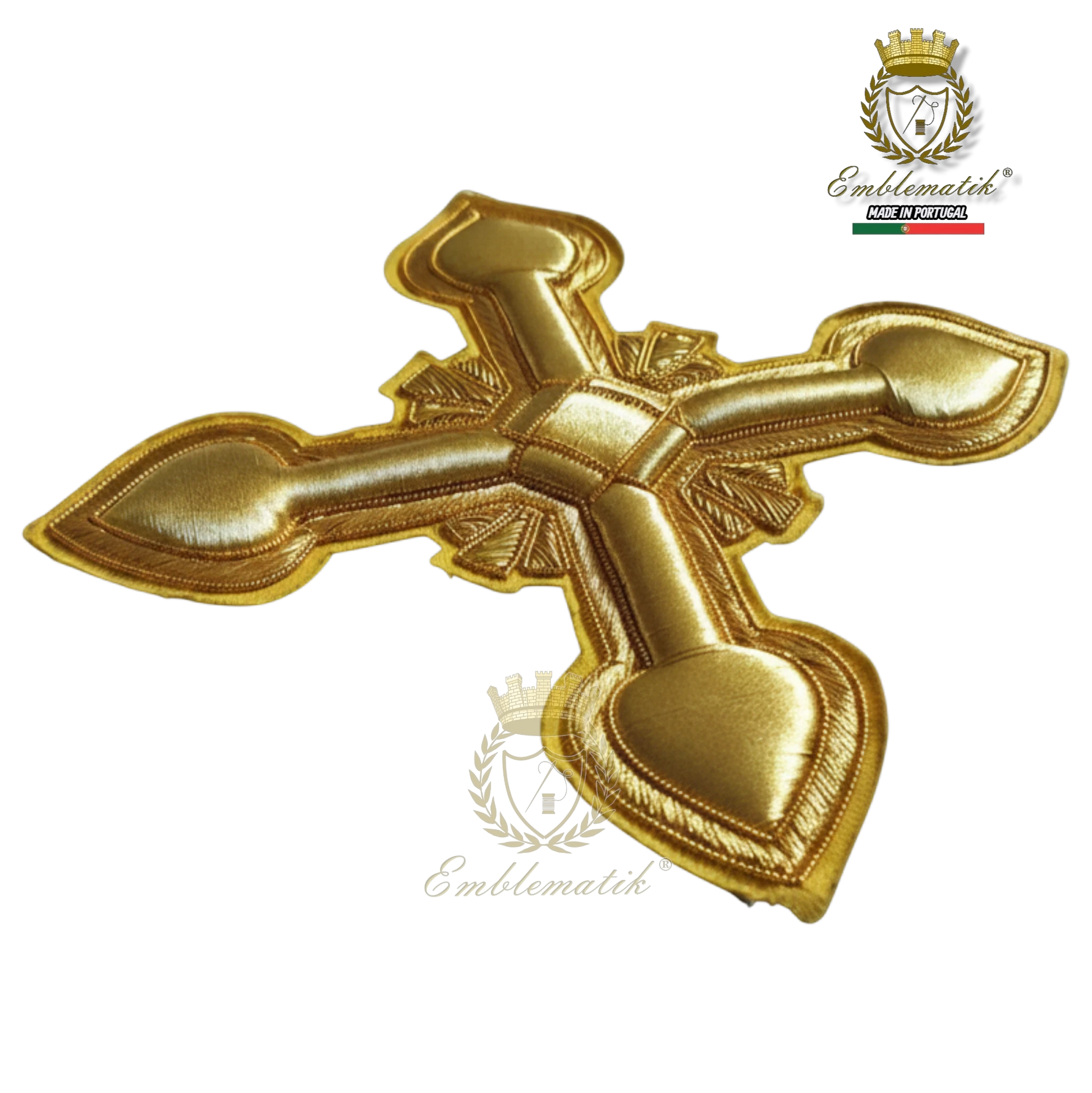 Emblematik by Pasamanerias y Bordados gold metallic cross patch for liturgical vestments, hand-embroidered with metal threads.