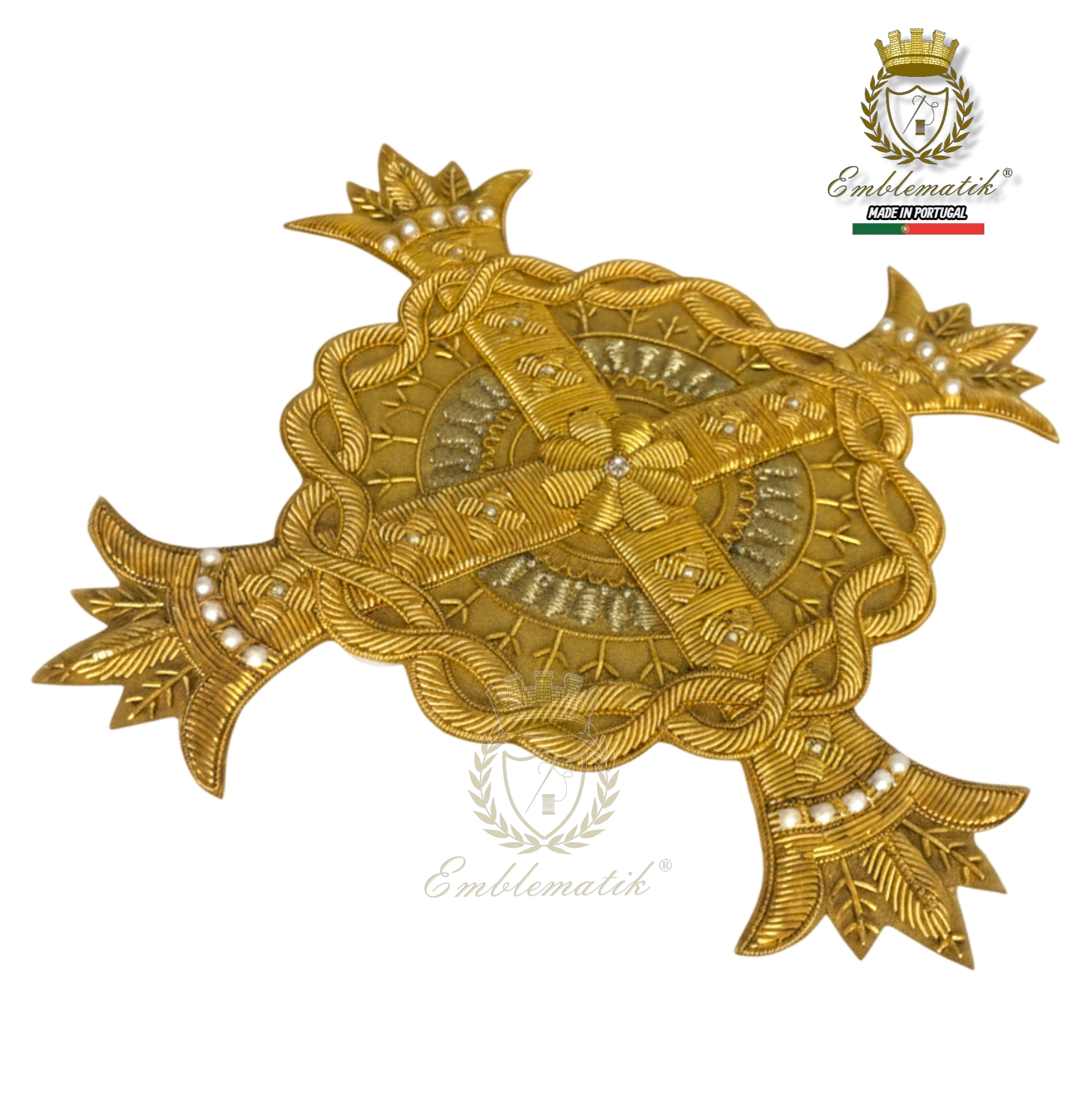 Emblematik by Pasamanerias y Bordados gold metal thread cross with pearls for liturgical vestments.