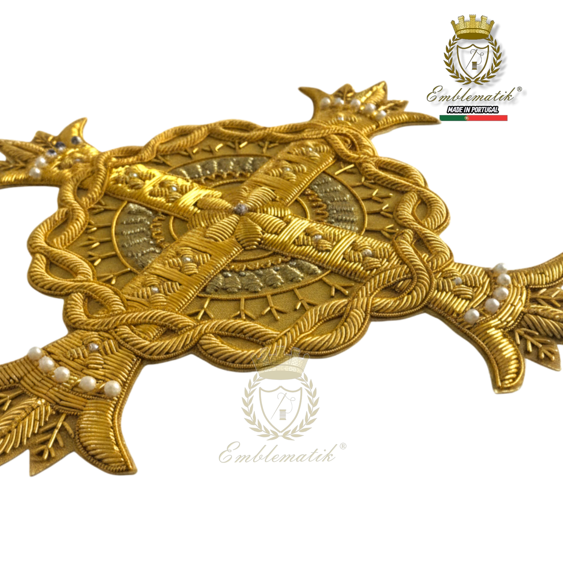 Emblematik by Pasamanerias y Bordados gold metallic thread cross with pearls for liturgical vestments.