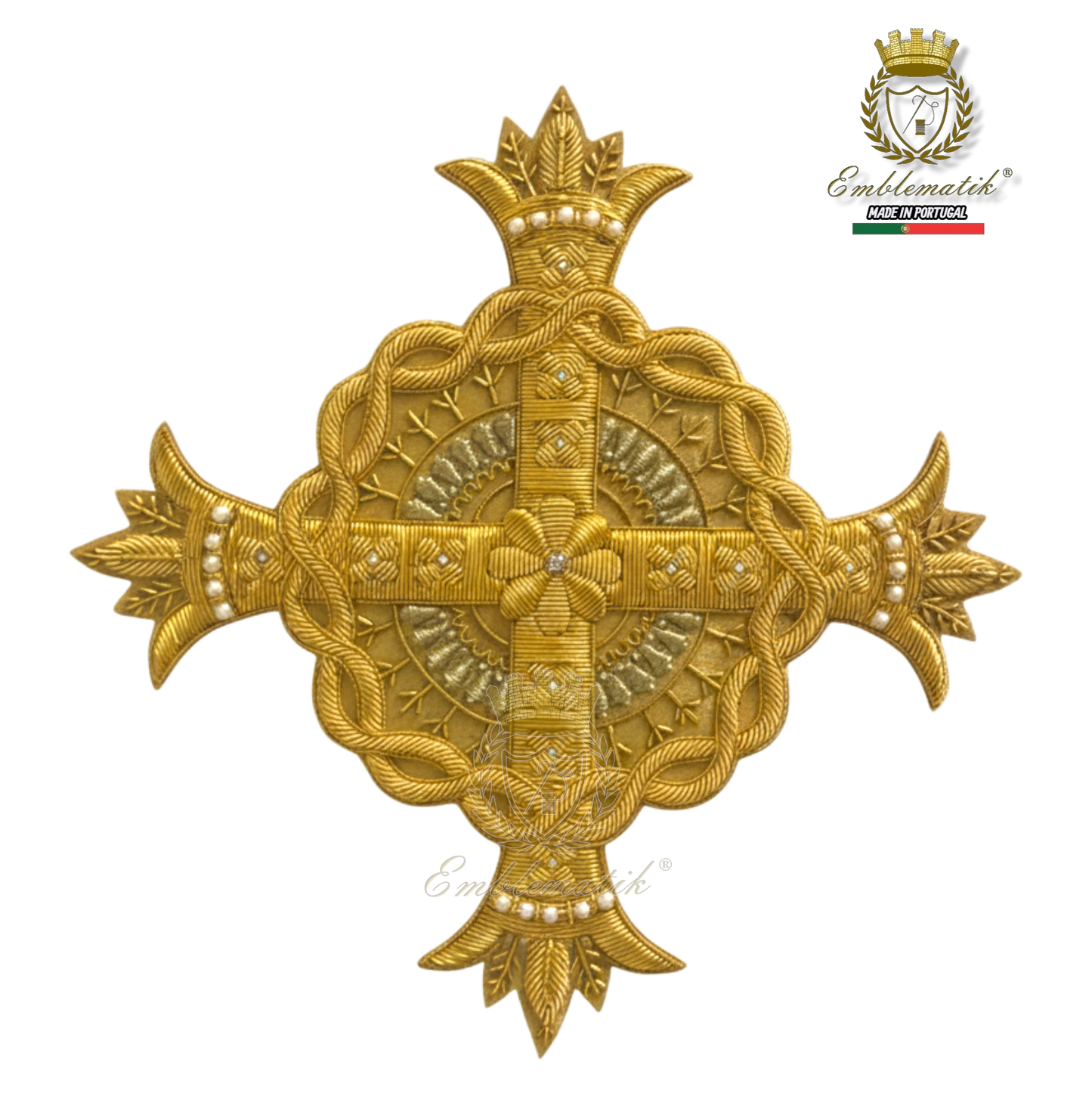 Emblematik by Pasamanerias y Bordados gold metal thread cross with pearls for liturgical vestments.