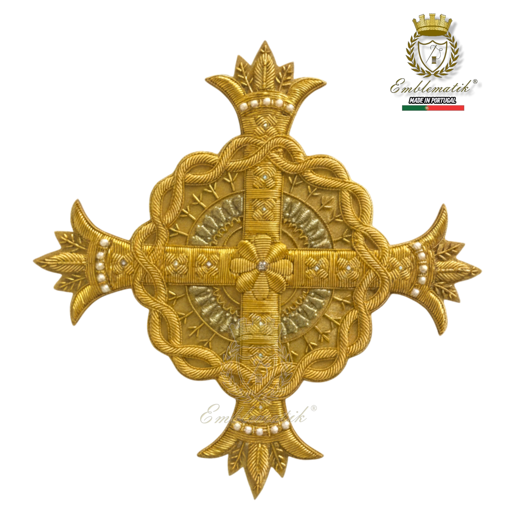 Emblematik by Pasamanerias y Bordados gold metal thread cross with pearls for liturgical vestments.