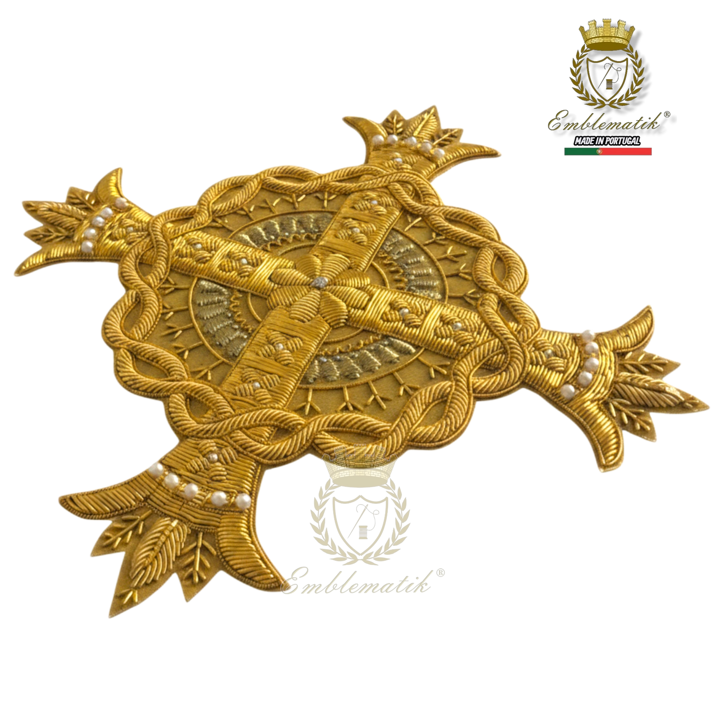 Emblematik by Pasamanerias y Bordados gold metal thread cross with pearls for liturgical vestments.