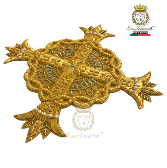 Emblematik by Pasamanerias y Bordados gold metal thread cross with pearls for liturgical vestments.