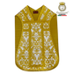 Emblematik by Pasamanerias y Bordados gold and white Roman chasuble vestment set with ornate damask pattern.