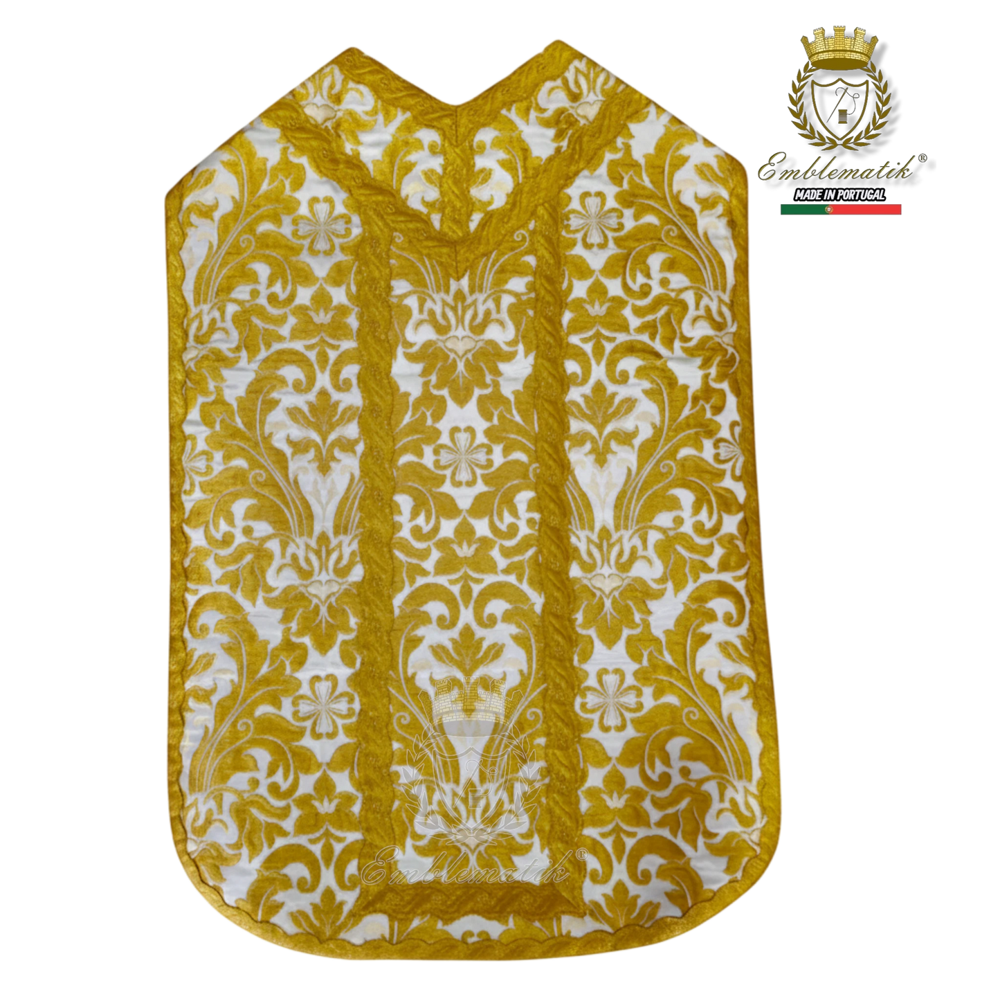 Emblematik by Pasamanerias y Bordados gold and white Roman chasuble vestment set with ornate damask pattern.