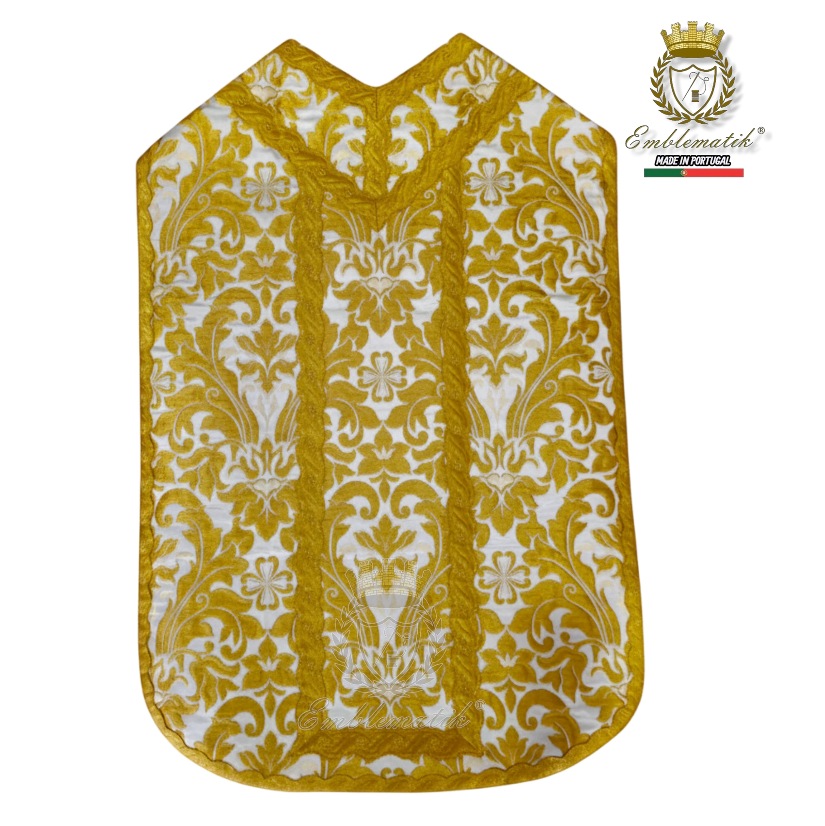 Emblematik by Pasamanerias y Bordados gold and white Roman chasuble vestment set with ornate damask pattern.