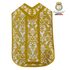 Emblematik by Pasamanerias y Bordados gold and white Roman chasuble vestment set with ornate damask pattern.