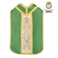 Emblematik by Pasamanerias y Bordados green Roman chasuble with gold embroidery and cross detail.