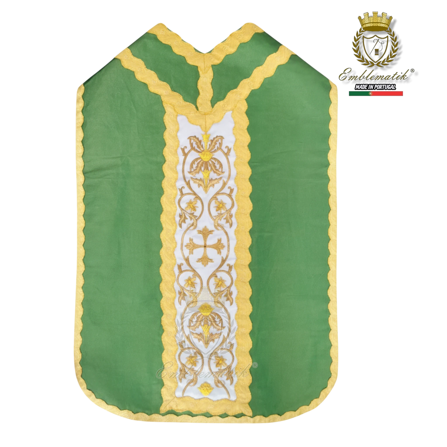 Emblematik by Pasamanerias y Bordados green Roman chasuble with gold embroidery and cross detail.