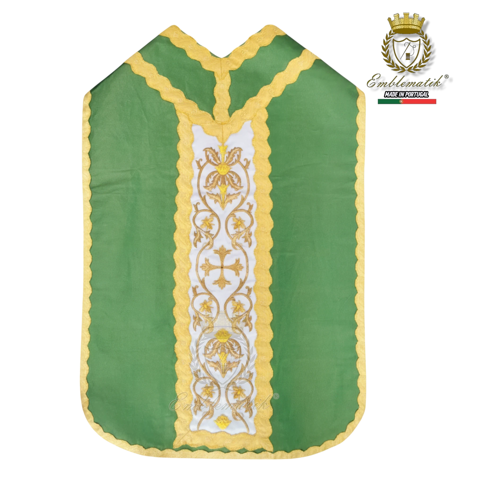Emblematik by Pasamanerias y Bordados green Roman chasuble with gold embroidery and cross detail.
