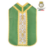Emblematik by Pasamanerias y Bordados green Roman chasuble with gold embroidery and cross detail.
