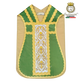 Emblematik by Pasamanerias y Bordados green and gold embroidered Roman chasuble with white central panel.
