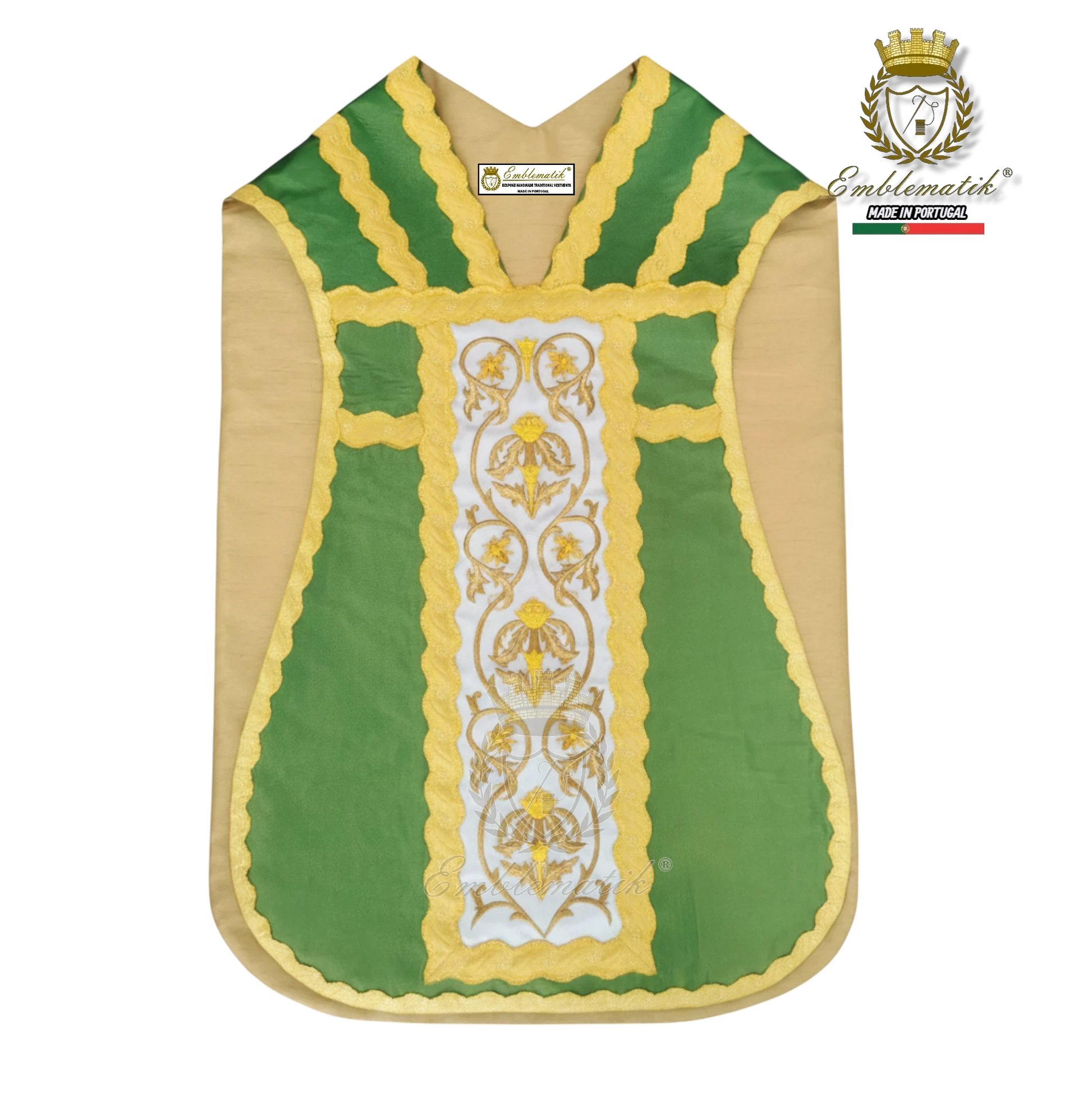 Emblematik by Pasamanerias y Bordados green and gold embroidered Roman chasuble with white central panel.