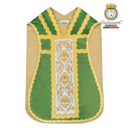 Emblematik by Pasamanerias y Bordados green and gold embroidered Roman chasuble with white central panel.