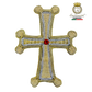 Emblematik by Pasamanerias y Bordados handmade liturgical cross with gold and silver bullion embroidery and a red gemstone.