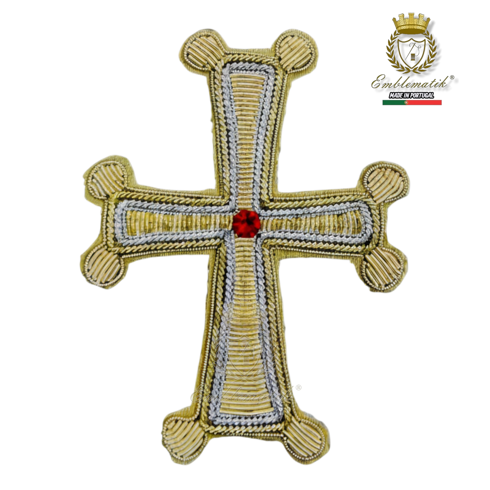 Emblematik by Pasamanerias y Bordados handmade liturgical cross with gold and silver bullion embroidery and a red gemstone.