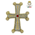 Emblematik by Pasamanerias y Bordados handmade liturgical cross with gold and silver bullion embroidery and a red gemstone.
