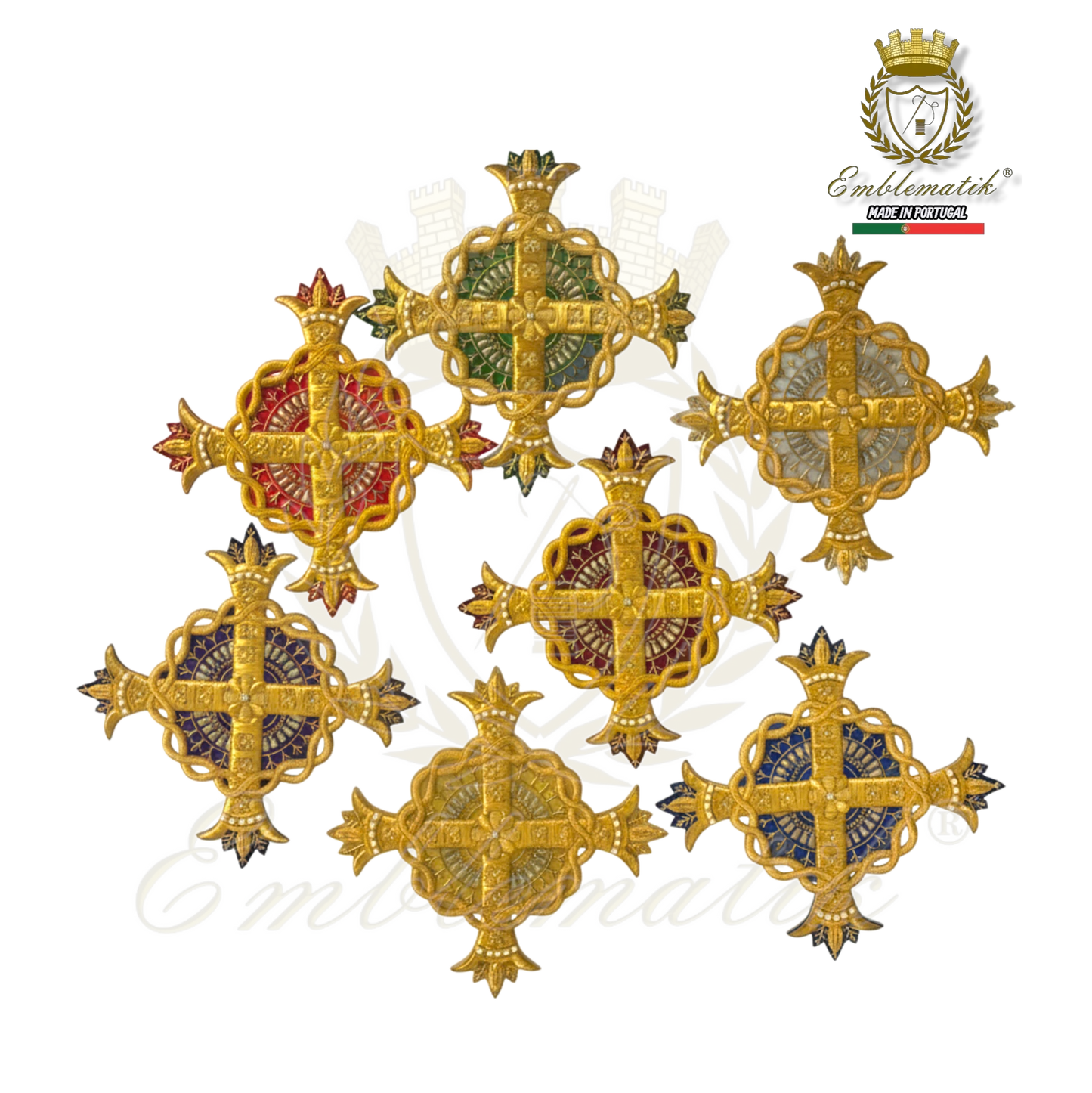 Emblematik by Pasamanerias y Bordados gold metal thread cross for liturgical vestments, available in red, green, blue, and white.