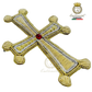 Emblematik by Pasamanerias y Bordados handmade gold and silver bullion embroidered liturgical cross with red jewel accent.