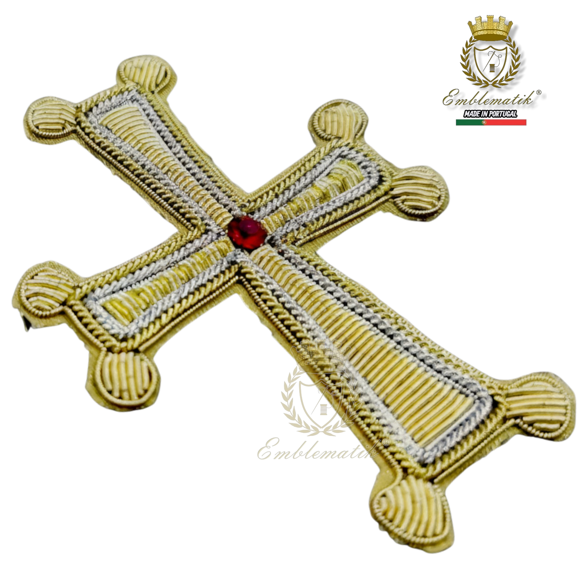 Emblematik by Pasamanerias y Bordados handmade gold and silver bullion embroidered liturgical cross with red jewel accent.