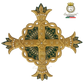 Emblematik by Pasamanerias y Bordados gold metallic thread cross with green fabric backing and pearl accents for liturgical vestments.