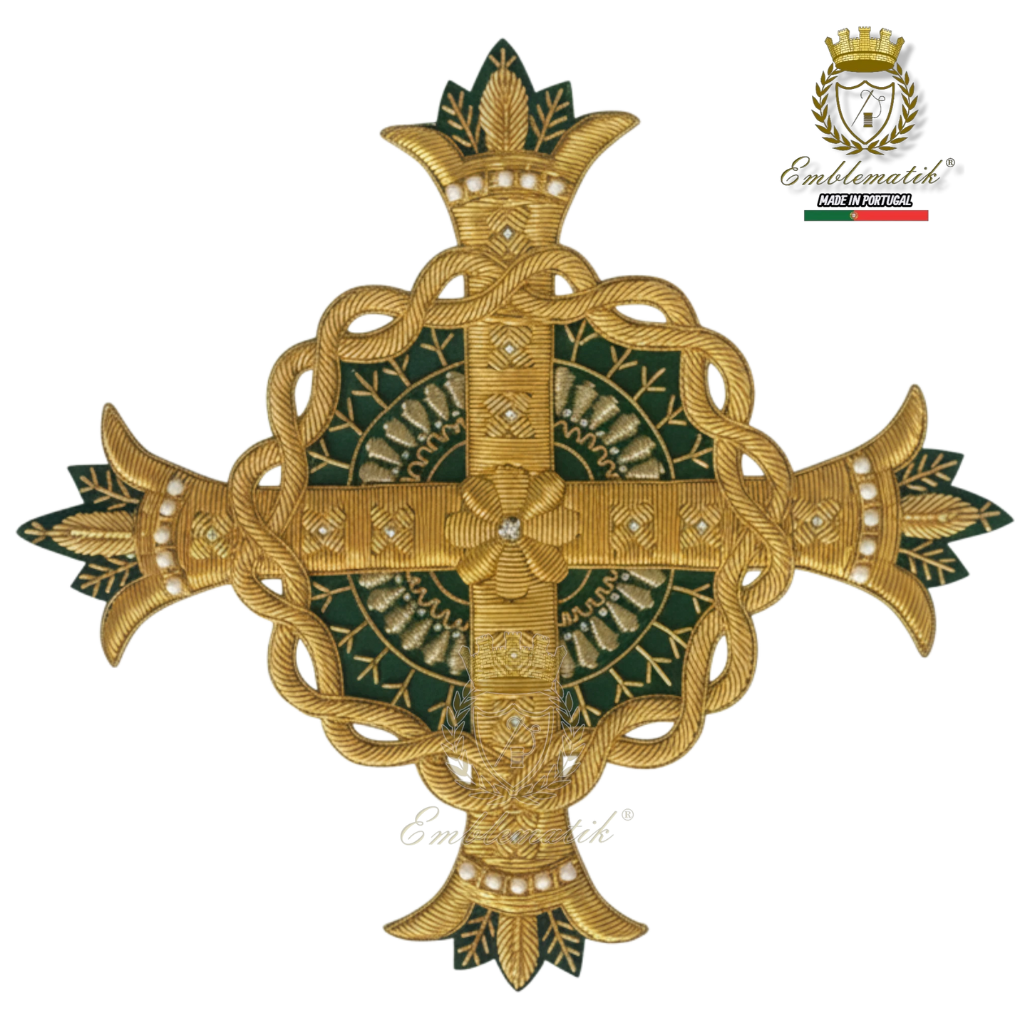 Emblematik by Pasamanerias y Bordados gold metallic thread cross with green fabric backing and pearl accents for liturgical vestments.