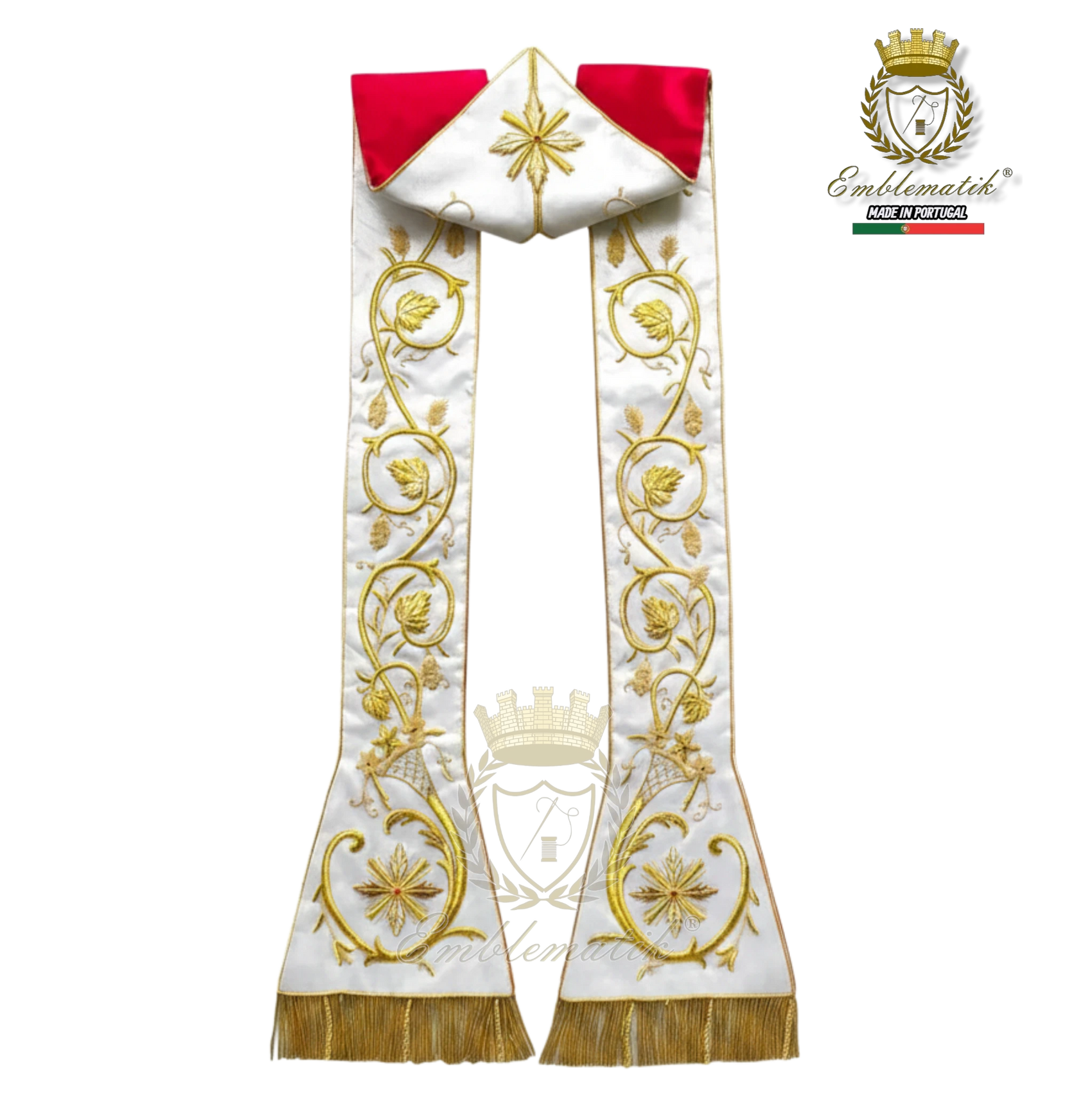 Emblematik by Pasamanerias y Bordados white liturgical stole with gold embroidery and red accents. Features vine and leaf motifs.