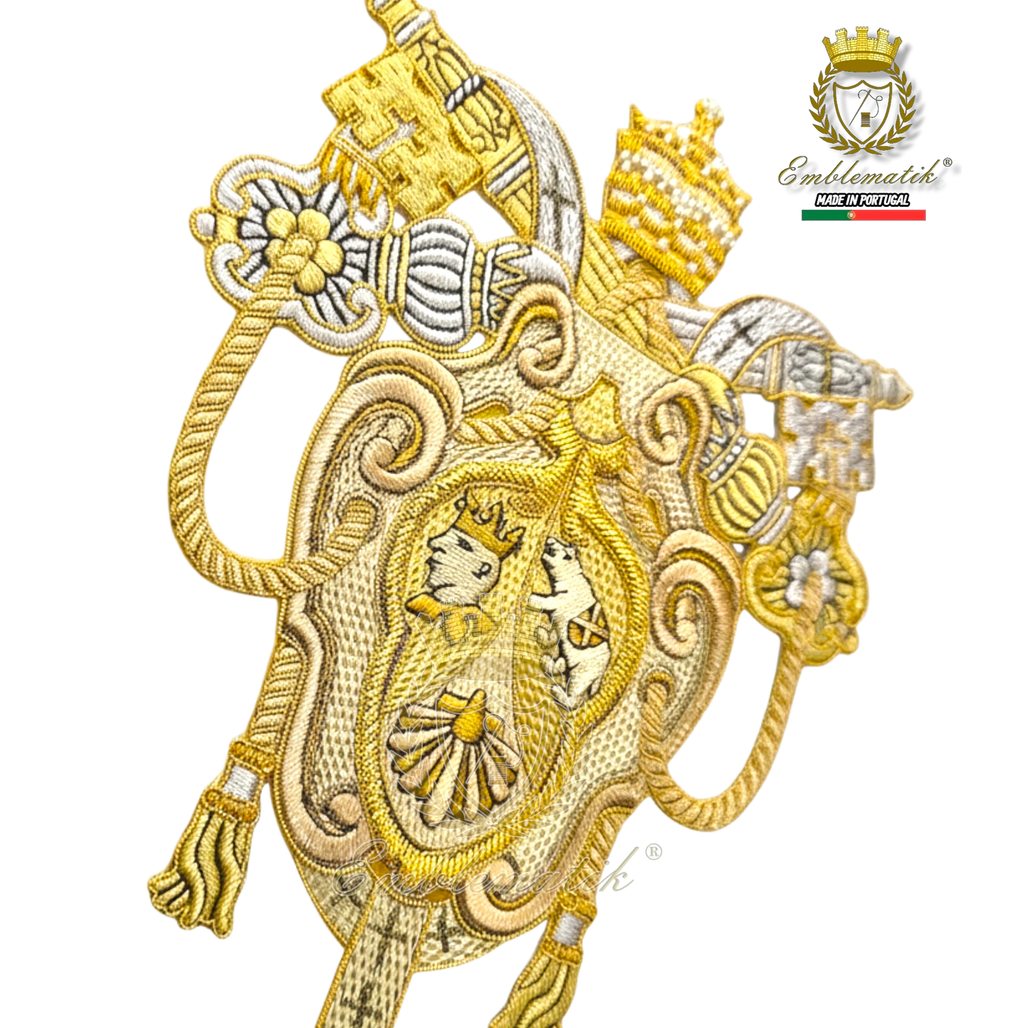Emblematik by Pasamanerias y Bordados Papal Coat of Arms of Benedict XVI, gold and silver metallic thread embroidery.