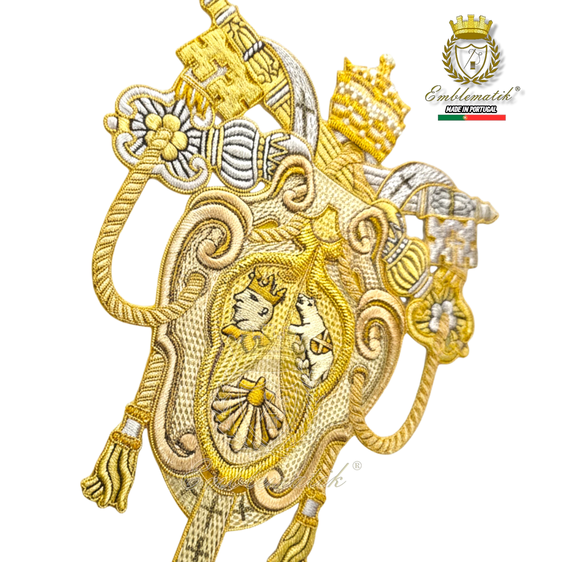 Emblematik by Pasamanerias y Bordados Papal Coat of Arms of Benedict XVI, gold and silver metallic thread embroidery.