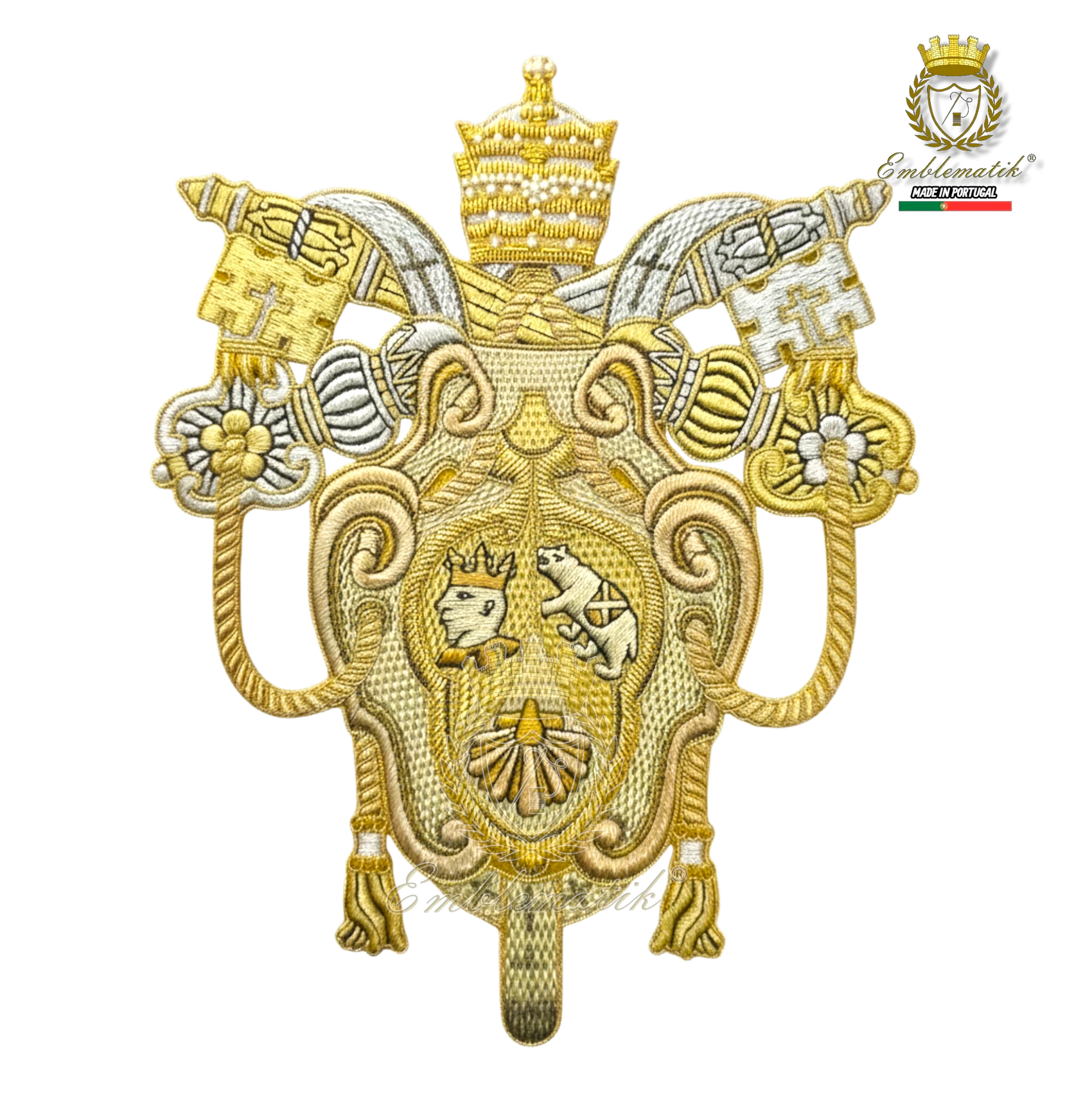 Emblematik by Pasamanerias y Bordados Papal Coat of Arms of Benedict XVI, gold metallic thread embroidery.