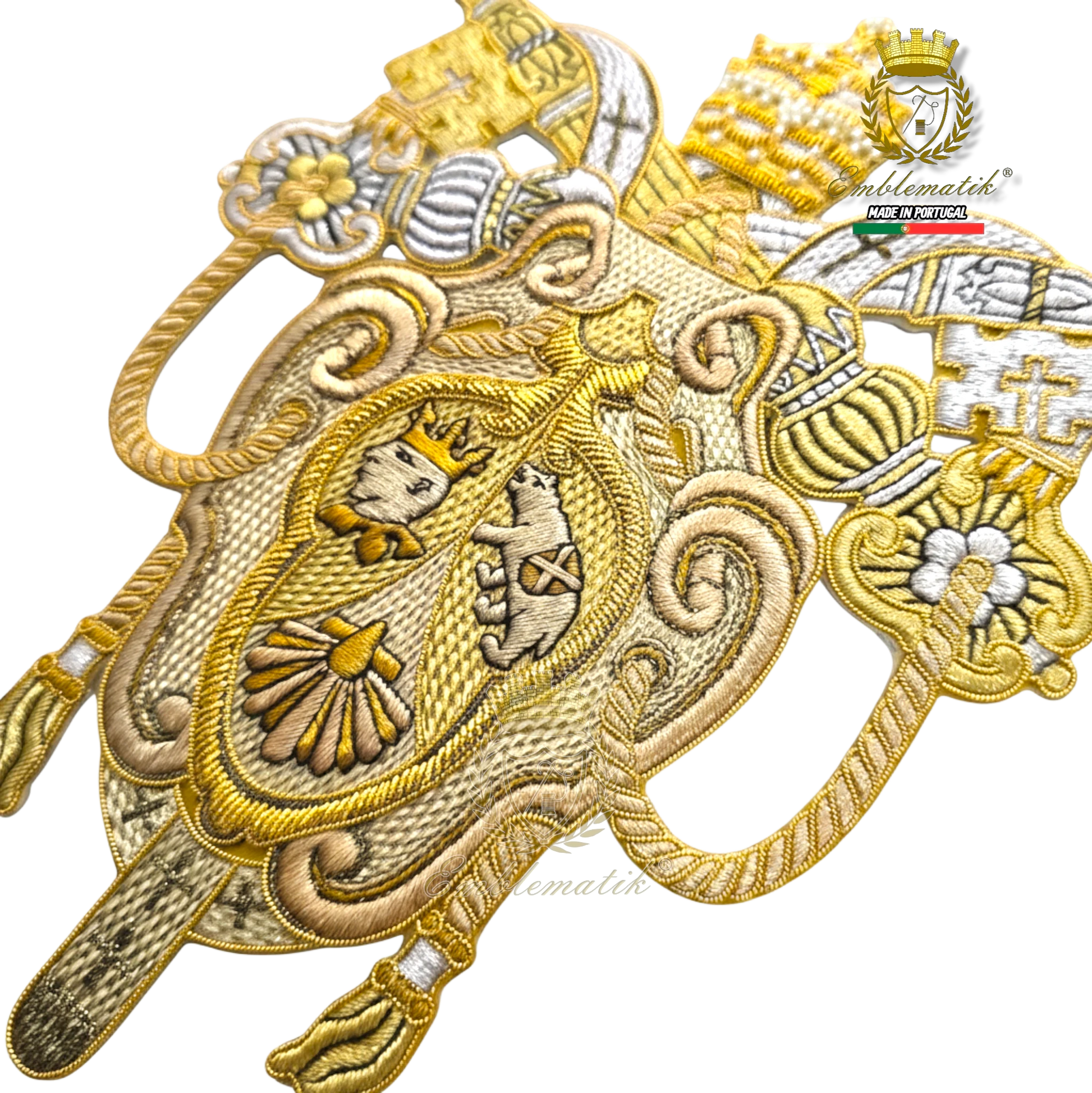 Emblematik by Pasamanerias y Bordados Papal Coat of Arms of Benedict XVI, gold and silver metallic thread embroidery.