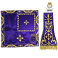 Emblematik by Pasamanerias y Bordados purple metallic embroidered Roman chasuble and altar cloth with gold trim and fringe.
