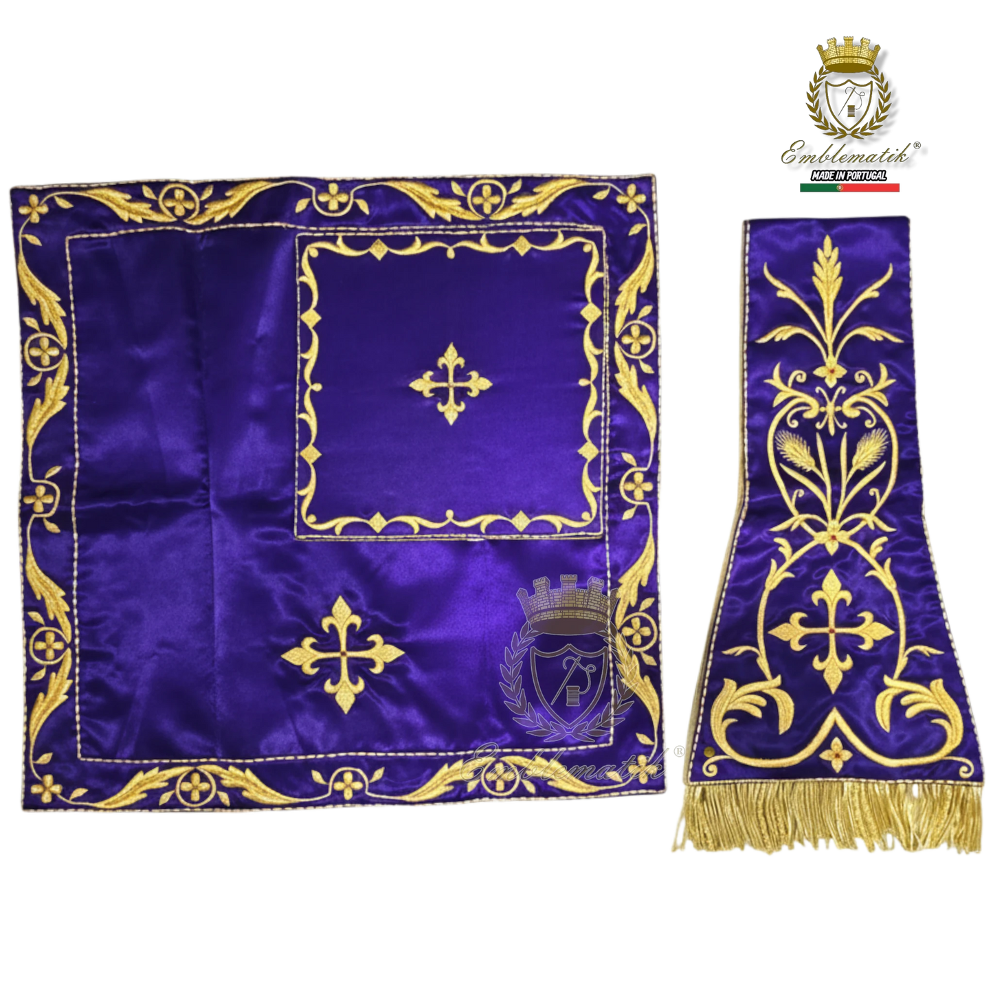 Emblematik by Pasamanerias y Bordados purple metallic embroidered Roman chasuble and altar cloth with gold trim and fringe.