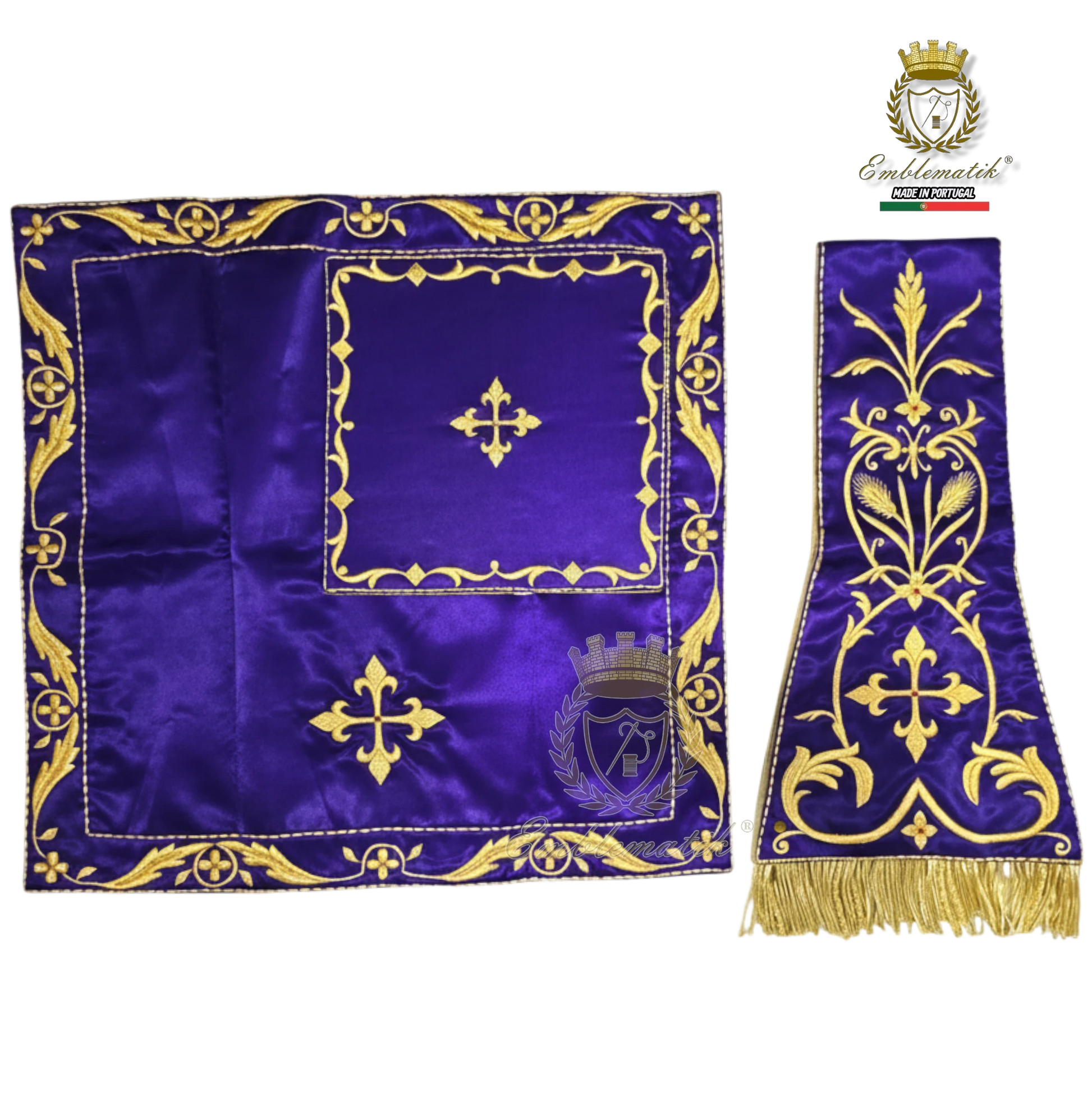 Emblematik by Pasamanerias y Bordados purple metallic embroidered Roman chasuble and altar cloth with gold trim and fringe.