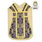 Emblematik by Pasamanerias y Bordados purple floral metallic brocade Roman chasuble with gold trim.