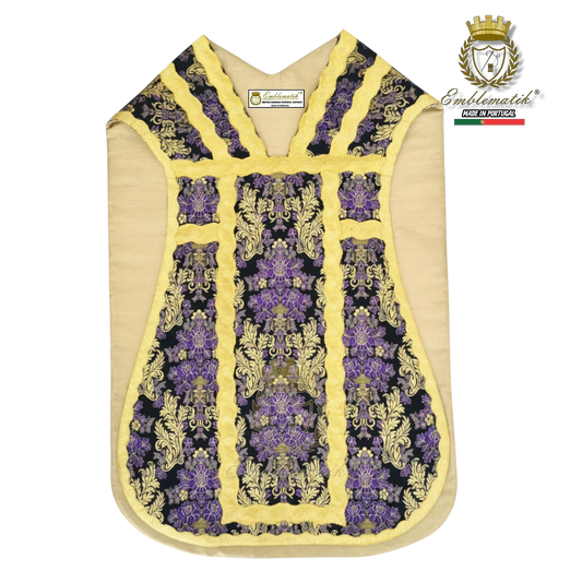 Emblematik by Pasamanerias y Bordados purple floral metallic brocade Roman chasuble with gold trim.