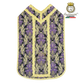 Emblematik by Pasamanerias y Bordados purple floral metallic brocade Roman chasuble with gold trim.