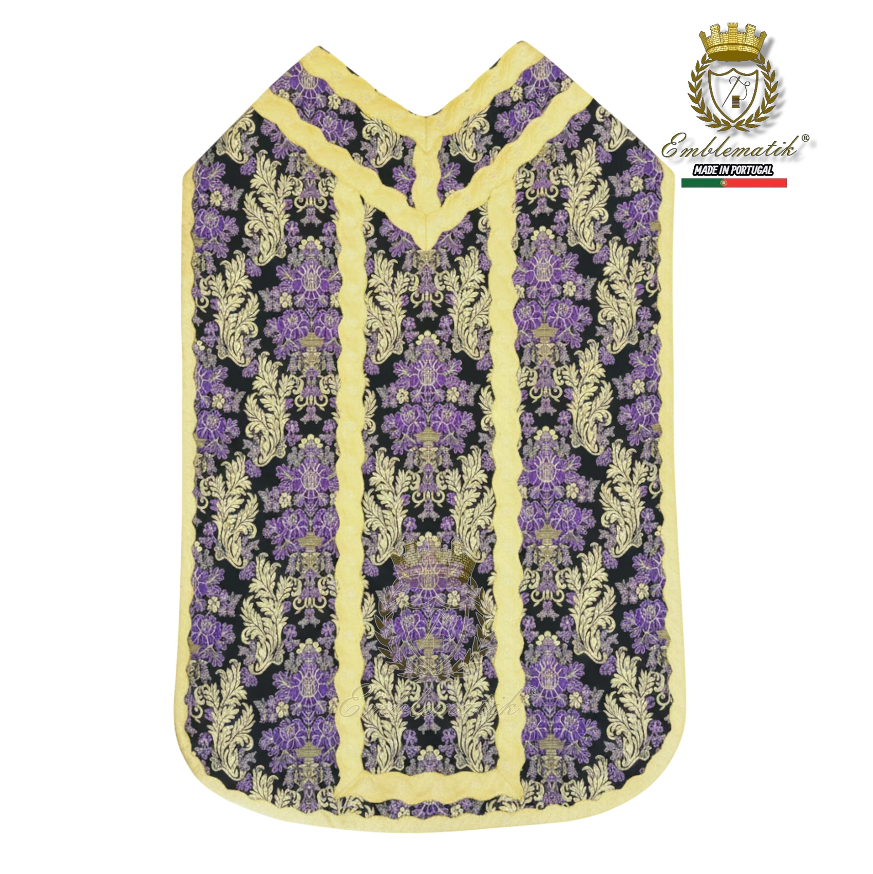 Emblematik by Pasamanerias y Bordados purple floral metallic brocade Roman chasuble with gold trim.